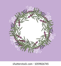 lavender wreath, flower drawn in vector, wedding invitation, packaging, fresh fragrance, hand-drawn, handmade