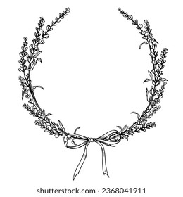 Lavender Wreath. Hand drawn vector illustration of round floral Frame with ribbon on isolated background for greeting cards or wedding invitations. Engraved template for postcards or logo. Line art.