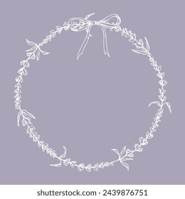Lavender Wreath. Hand drawn vector floral circle Frame on violet isolated background. Illustration of Lavandula border. Template for greeting cards or wedding invitations with Provence herbs.