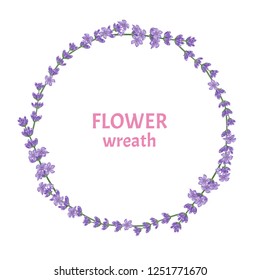 Lavender wreath isolated on white background. Vector illustration of flowers frame in cartoon simple flat style.