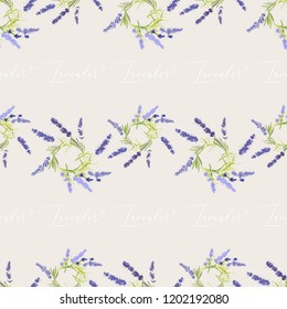 Lavender wreath seamless pattern with hand lettering. Floral vector watercolor vintage flower sketch. Botanical colorful illustration on white background.