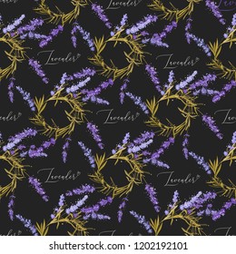 Lavender wreath seamless pattern with hand lettering. Floral vector watercolor vintage flower sketch. Botanical colorful illustration on black background.