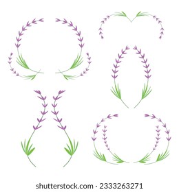 Conjunto de coronas de lavanda, elementos decorativos de naturaleza, decoración de cartas de bienvenida o invitación, coronas de laurel circular, color aislado en fondo blanco, ilustración vectorial.