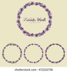Lavender wreath set vector illustration. Round banner design for cosmetics product package labeling & decoration. Floral frame template in vintage style. Sample text. Layered, editable design