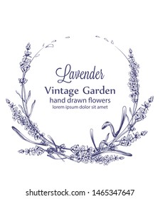 Lavender wreath Vector vintage line art. Provence floral decor hand drawn. Summer wedding ceremony delicate poster