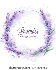 Lavender wreath Vector watercolor splash. Delicate floral bouquet frame. Spring summer banner template