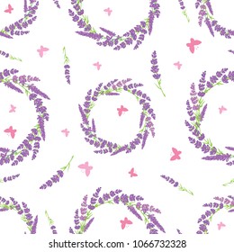 Lavender wreaths and butterflies repeat pattern. Vector seamless background design perfect for springtime floral projects.