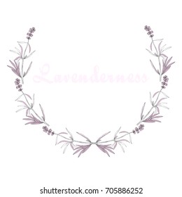 Lavenderness. Gentle floral wreath with branches of Lavender.  Hand drawn botanical background.  Pastel. Great for greeting cards, wedding invitations, save the date, decorations, quote, etc. Vector