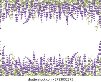 Ilustração vetorial com tema de lavanda com uma moldura de borda de flores roxas e folhas verdes. Ideal para convites, cartões e desenhos decorativos.