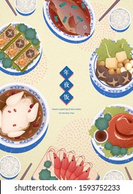 Lavish Dishes Collection In Top View Angle, Chinese Text Translation: Reunion Dinner