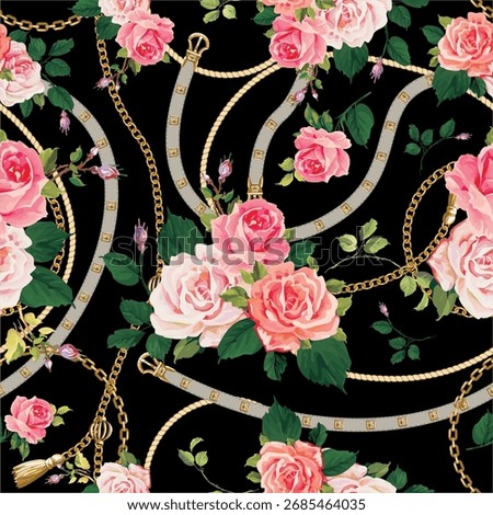 A lavish interplay of blooming pink and red roses entwined with gilded chains and ropes on a black backdrop, evoking opulence through contrast and intricate detailing. chains and pink flowers pattern