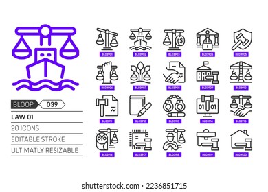 Law 01 related, pixel perfect, editable stroke, up scalable, line, vector bloop icon set.