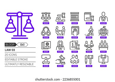 Law 03 related, pixel perfect, editable stroke, up scalable, line, vector bloop icon set. 