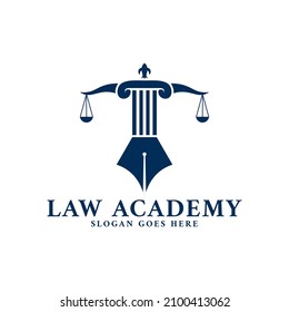 Law Academy Logo Template with Combination of Pillar, Scale, and Pen Vector Icon