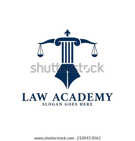 Law Academy Logo Template with Combination of Pillar, Scale, and Pen Vector Icon