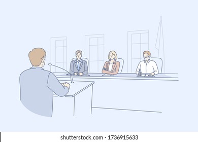 Law adjustment, court concept. Young man criminal attorney cartoon character takes floor speaking in front of judges at hearing meeting in courtroom. Prosecution and defence speech, system of justice.