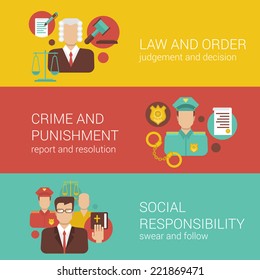 Law attorney lawyer court judge sheriff policeman religion bible social responsibility flat web banner infographics vector illustration template collection