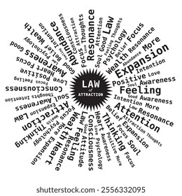 Law of Attraction - Sun Shape Word Cloud in Black and White