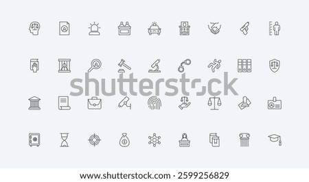 Law authority, police, documents thin black outline symbols vector illustration. Legal system and justice, judge and jury judgement in court, prison and arrest of criminal line icon set