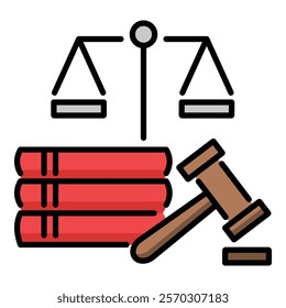 Law, balance, books, hammer, justice, knowledge, decision-making colour icon, round line, editable stroke, vector symbol