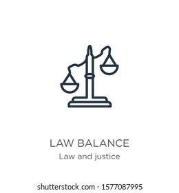 Law balance icon. Thin linear law balance outline icon isolated on white background from law and justice collection. Line vector sign, symbol for web and mobile