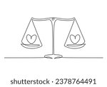 Law balance scale continuous one line drawing. Legal justice symbol with heart. Vector illustration isolated on white background. Minimalist design handdrawn.
