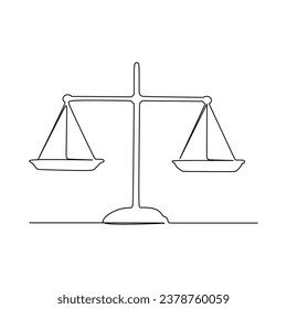 Law balance scale continuous one line drawing. Vector illustration isolated on white background. Minimalist design handdrawn.