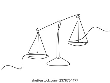 Law balance scale continuous one line drawing. Vector illustration isolated on white background. Minimalist design handdrawn.