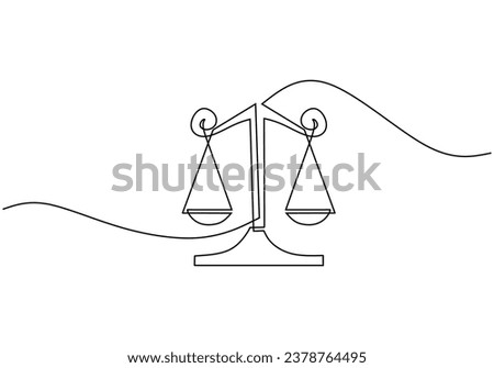 Law balance scale continuous one line drawing. Vector illustration isolated on white background. Minimalist design handdrawn.