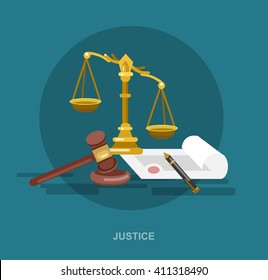 Law banner concept, judical system elements and icon, cool flat  illustration