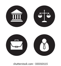 Law black icons set. Courthouse and scales of justice circle symbols. Jurisprudence and government system. Lawyer and briefcase white silhouette illustrations. Court and jurist pictograms. Vector