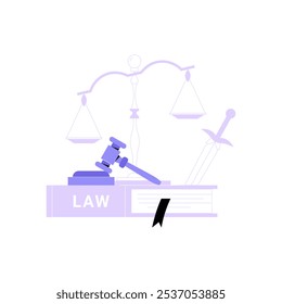 Libro De Leyes Con Escamas De Mazo Y Espada Que Simbolizan El Equilibrio De La Justicia Y La Autoridad En Ilustración vectorial Plana Aislada Sobre Fondo Blanco