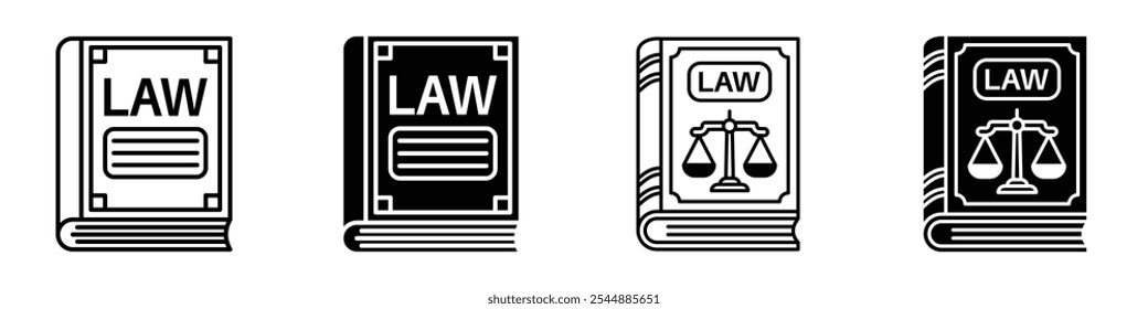 Law book icon collection in black and white filled and solid vector style.