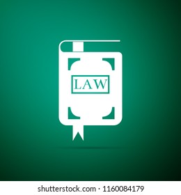 Law book icon isolated on green background. Legal judge book. Judgment concept. Flat design. Vector Illustration