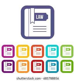 Law book icons set vector illustration in flat style in colors red, blue, green, and other