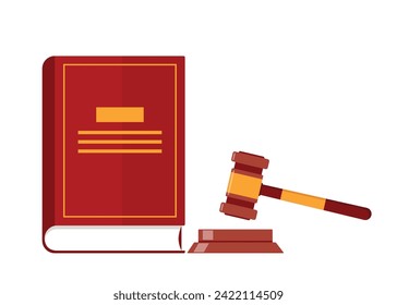 Law book and judge gavel, decision glossy mallet for court verdict. Law and justice system symbol. Vector illustration