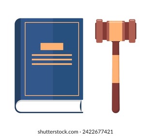 Law book and judge gavel, decision glossy mallet for court verdict. Law and justice system symbol. Vector illustration