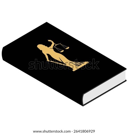 Law book with Lady Justice (Themis) on the cover, holding scales and sword. Symbol of justice and law. Goddess of Justice. Isolated on white background. Vector illustration