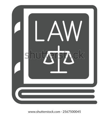 Law book with libra scales solid icon, jurisprudence concept. Vector graphics. Book for court house sign on white background, glyph style icon for mobile or web design