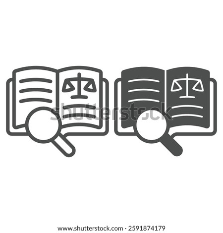 Law book with magnifier line and solid icon, jurisprudence concept. Vector graphics. Open textbook with magnifying glass sign on white background, outline style icon for mobile or web design