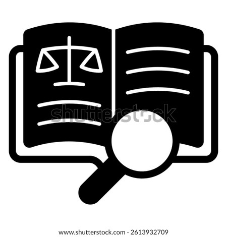 Law book with magnifier solid icon, jurisprudence concept. Vector graphics. Open textbook with magnifying glass sign on white background, glyph style mobile or design