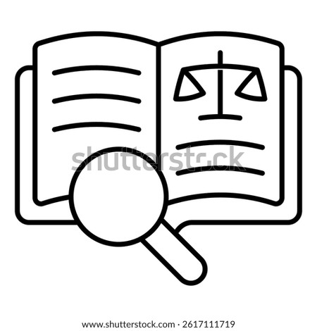 Law book with magnifier thin line icon, jurisprudence concept. Vector graphics. Open textbook with magnifying glass sign on white background, linear style for mobile or design