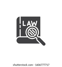 Law book and Magnifying Glass vector icon. filled flat sign for mobile concept and web design. Justice book and Magnifier glyph icon. Symbol, logo illustration. Vector graphics