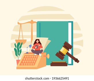 Law book scale document gavel government authority judgment justice concept. Vector graphic modern style design illustration