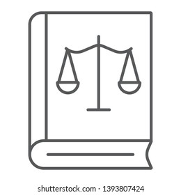 Law book thin line icon, justice and law, book with libra sign, vector graphics, a linear pattern on a white background, eps 10.