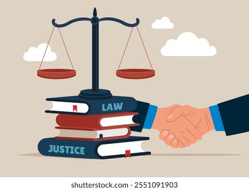 Law books and big scales in balance. Client shakes hands with lawyer. Modern vector illustration in flat style. 