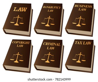 Law Books is an illustration of six law books used by lawyers and judges. They include books on law, bankruptcy, business, copyright, criminal, and tax law.