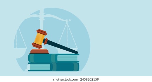 Law books with a judges gavel isolate on background, Conceptual  Law and justice set icon, Vector illustration.