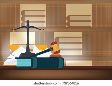 Libros de ley con un palo de juez sobre una mesa y estanterías de libros sobre antecedentes, sistema judicial y derecho Ejemplo del vector conceptual.