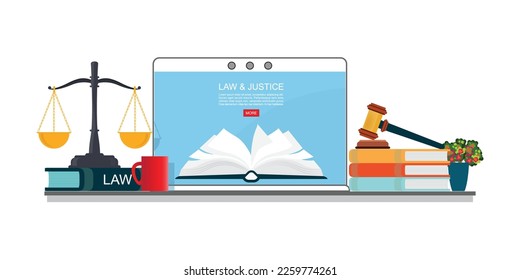 Libros de ley con el martillo de un juez y báscula en laptop aislados de fondo blanco, sistema judicial y legal ilustración del vector conceptual.